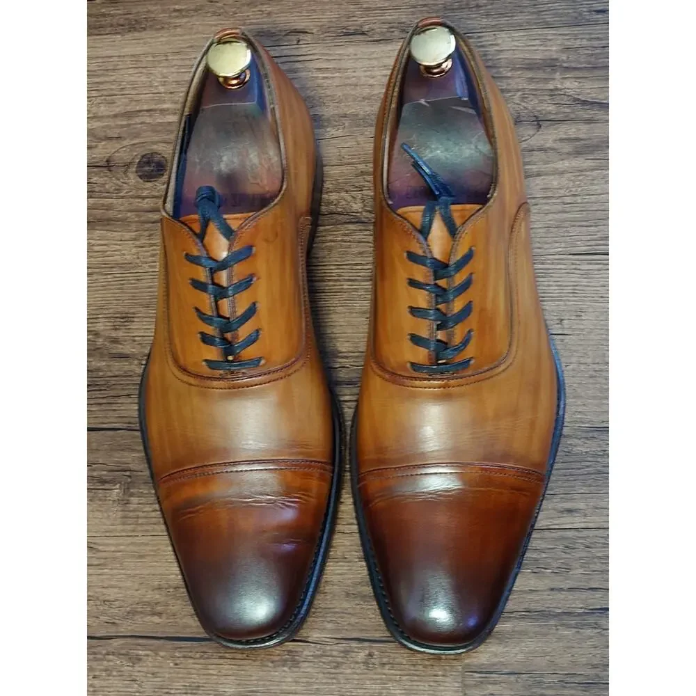 Magnanni Men’s Captoe 9.5M Brown Burnish Leather Oxford Dress Shoes